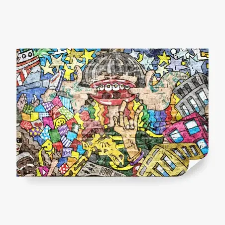 Fototapete buntes graffiti-mural mit verspielter figur – Pixers®