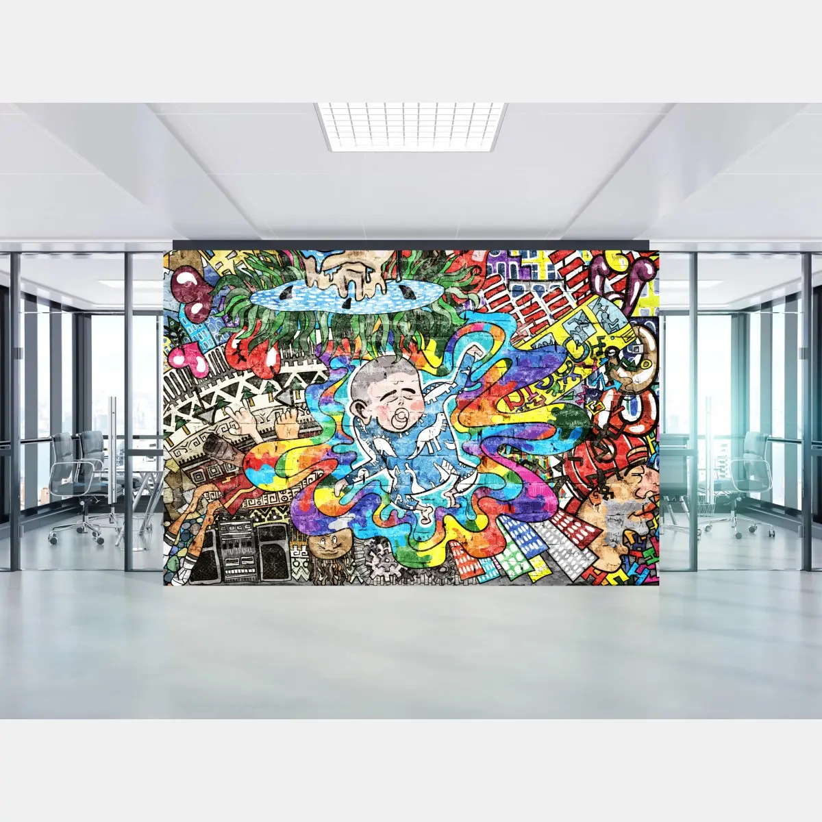 Fototapete buntes graffiti-mural mit träumendem kind – Pixers®
