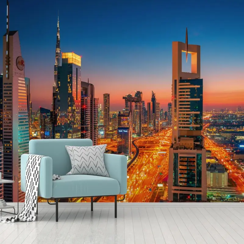 Fototapete Dubai skyline bei dämmerung