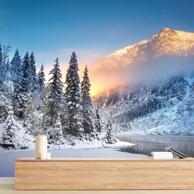 Fototapete wintermorgen über dem verschneiten bergsee
