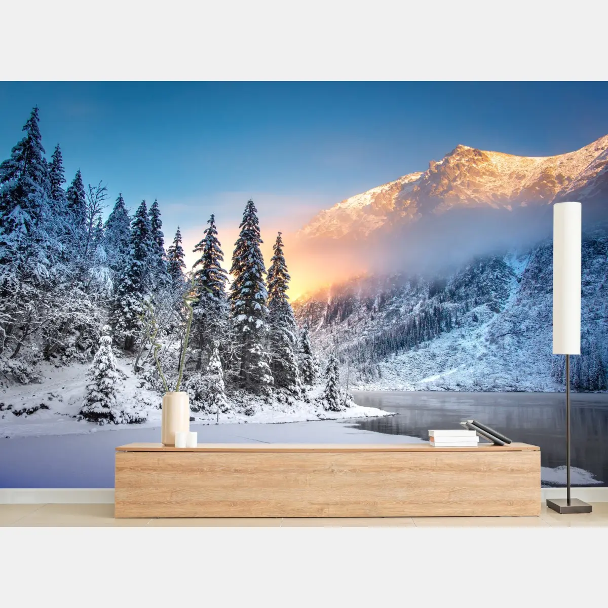 Fototapete wintermorgen über dem verschneiten bergsee – Pixers®