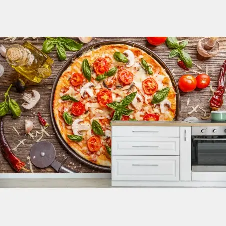 Fototapete frische pizza mit basilikum und cherrytomaten – Pixers®