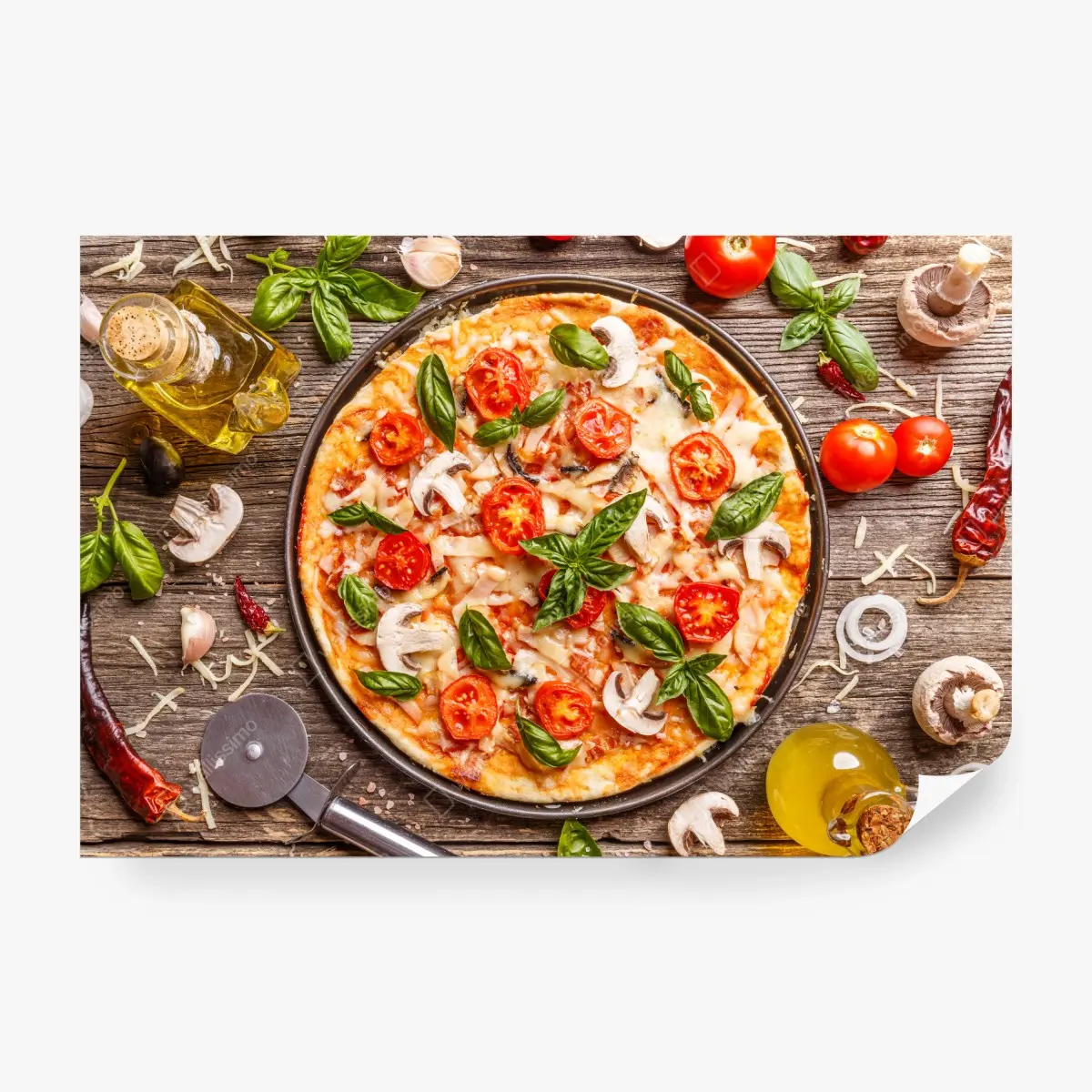 Fototapete frische pizza mit basilikum und cherrytomaten – Pixers®