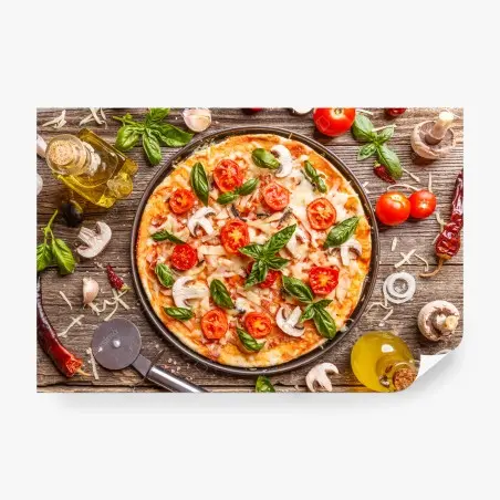 Fototapete frische pizza mit basilikum und cherrytomaten – Pixers®