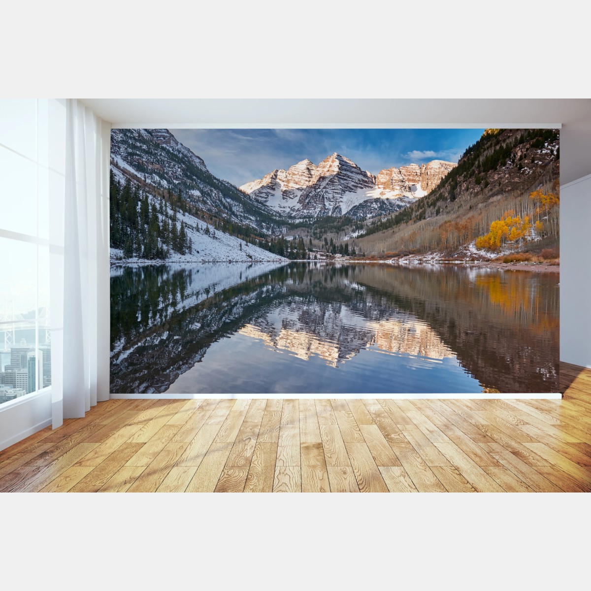 Fototapete ruhiger alpensee, der schneebedeckte gipfel und bunte herbstbäume spiegelt – Pixers®