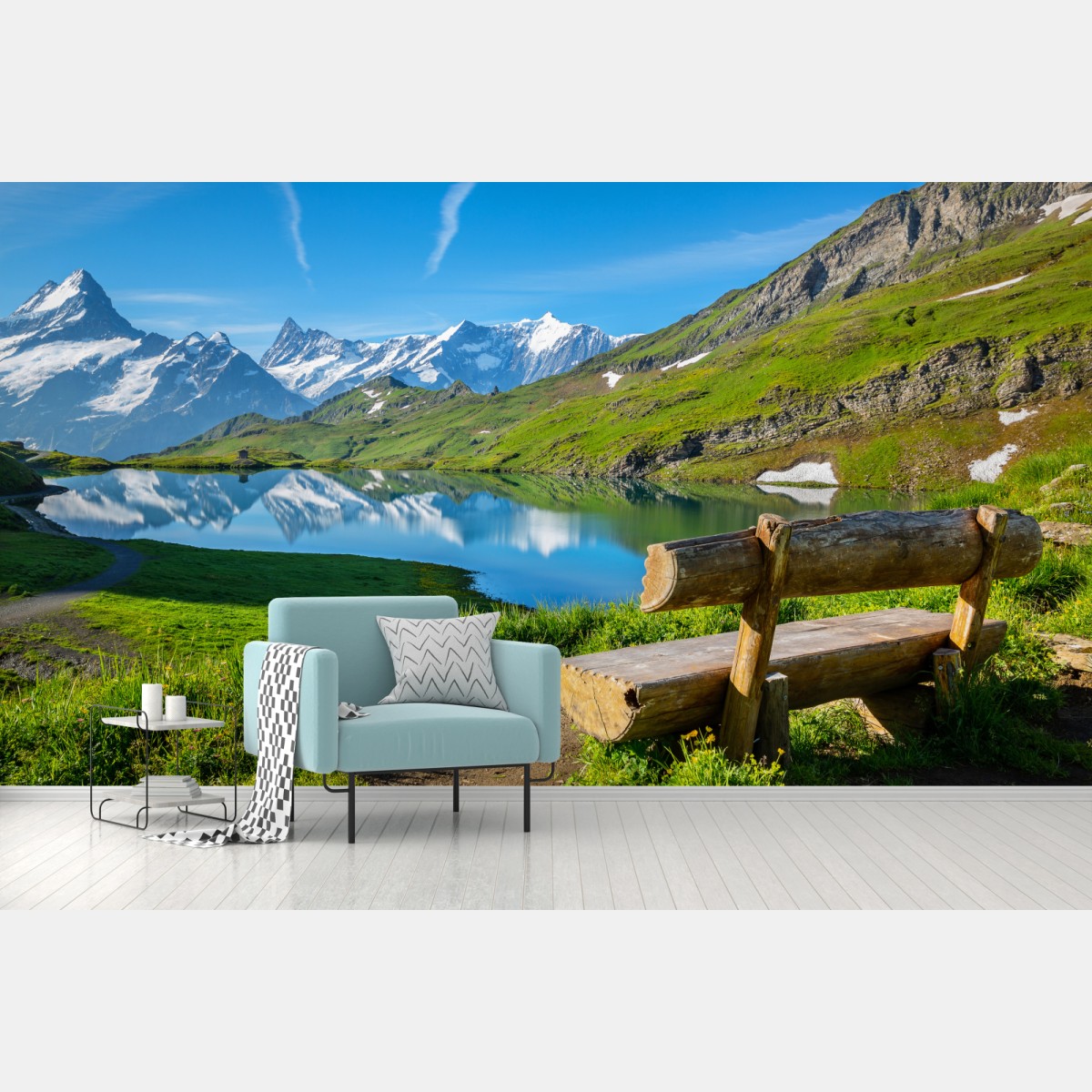 Fototapete alpensee mit hölzerner bank – Pixers®