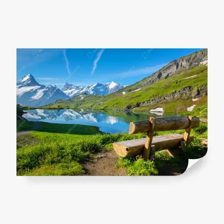 Fototapete alpensee mit hölzerner bank – Pixers®
