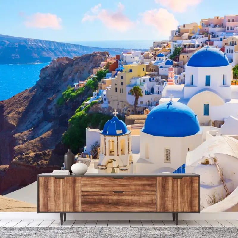 Fototapete Santorini blaue kuppeln und weiße häuser