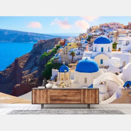 Fototapete Santorini blaue kuppeln und weiße häuser – Pixers®