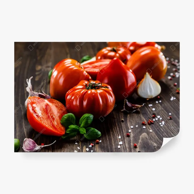 Fototapete reife tomaten auf rustikalem holztisch