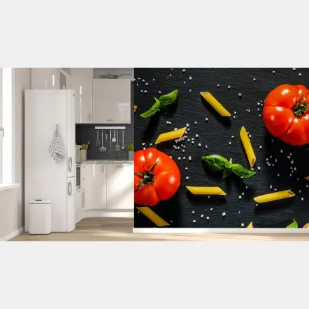Fototapete tomaten und penne auf schwarzem schiefer – Pixers®