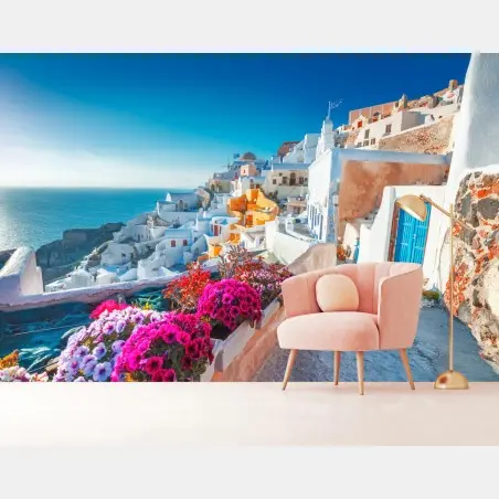 Fototapete sonniges Santorini am klippenrand – Pixers®