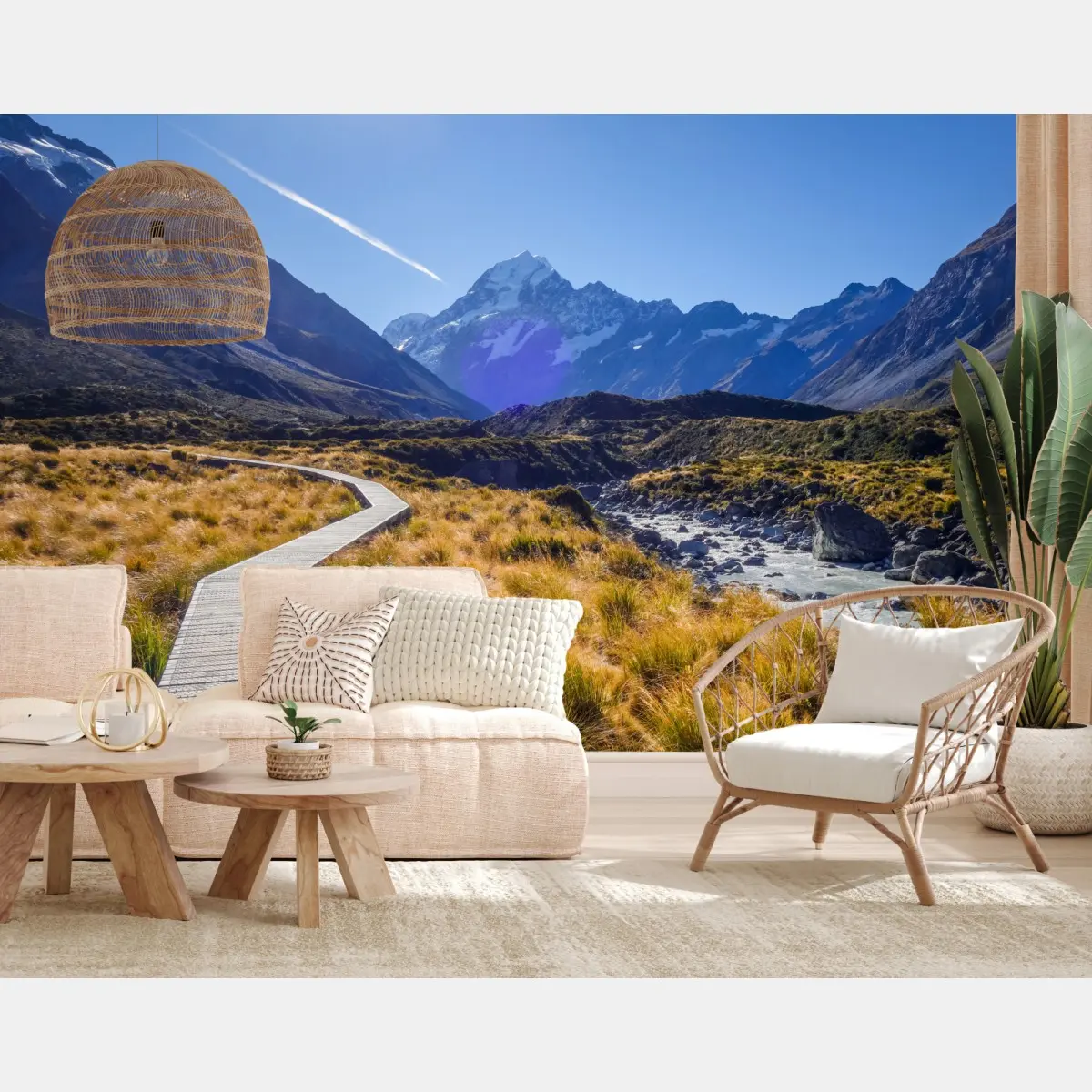 Fototapete holzsteg im Hooker Valley mit blick auf Aoraki Mount Cook – Pixers®
