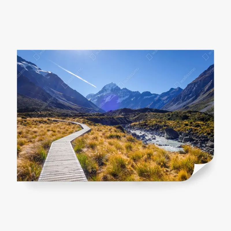 Fototapete holzsteg im Hooker Valley mit blick auf Aoraki Mount Cook