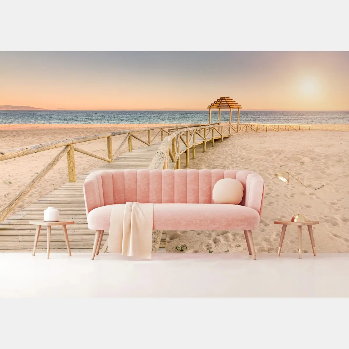 Fototapete hölzerner steg zum strand von Trafalgar bei sonnenuntergang – Pixers®