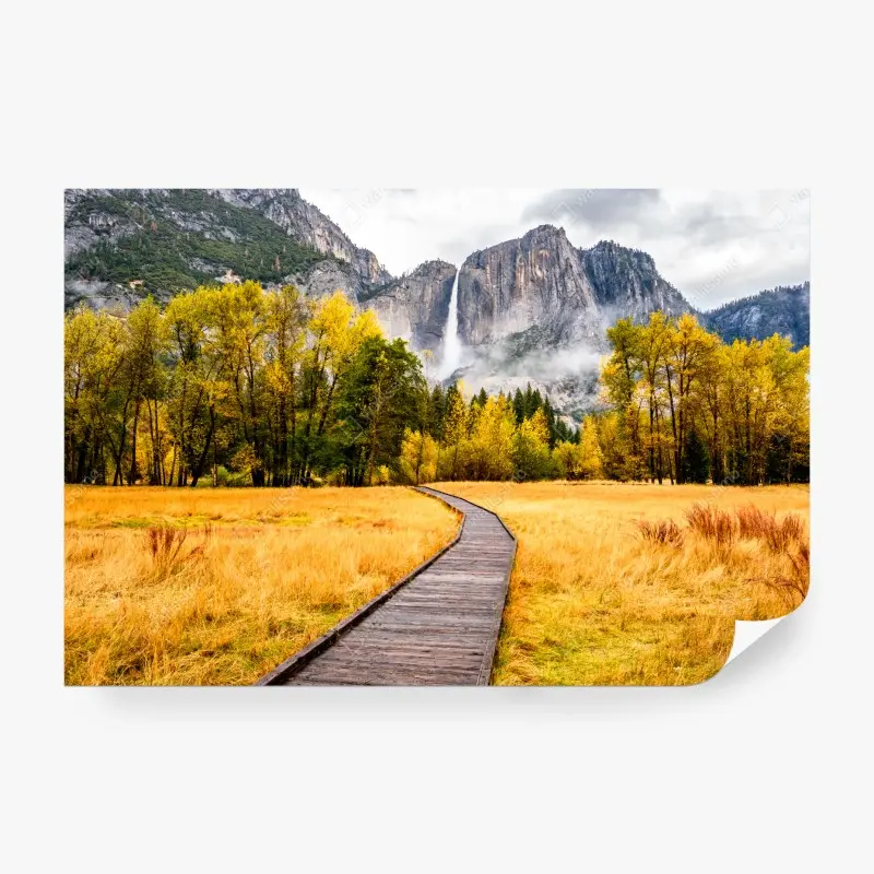 Fototapete herbstlicher steg zum wasserfall