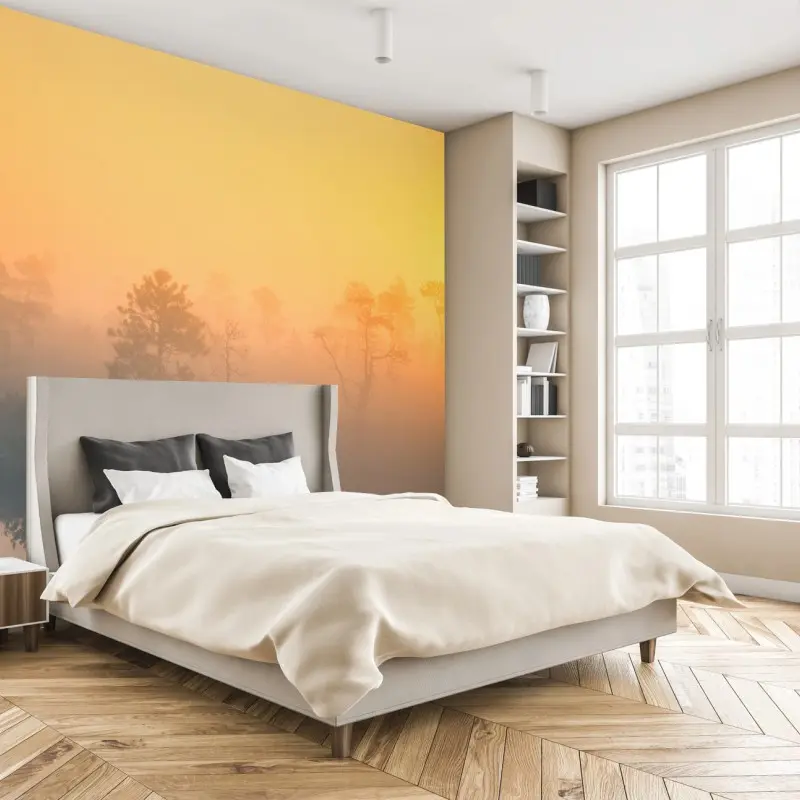 Fototapete träumerischer sonnenaufgang über nebligem moor