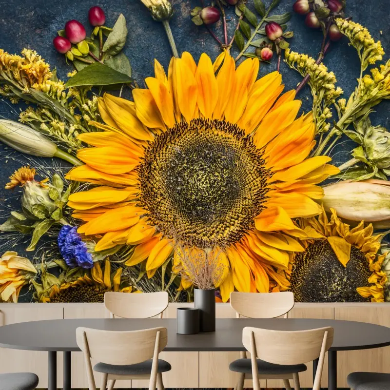 Fototapete herbstlicher sonnenblumenstrauß auf dunklem rustikalem hintergrund