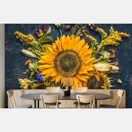 Fototapete herbstlicher sonnenblumenstrauß auf dunklem rustikalem hintergrund – Pixers®