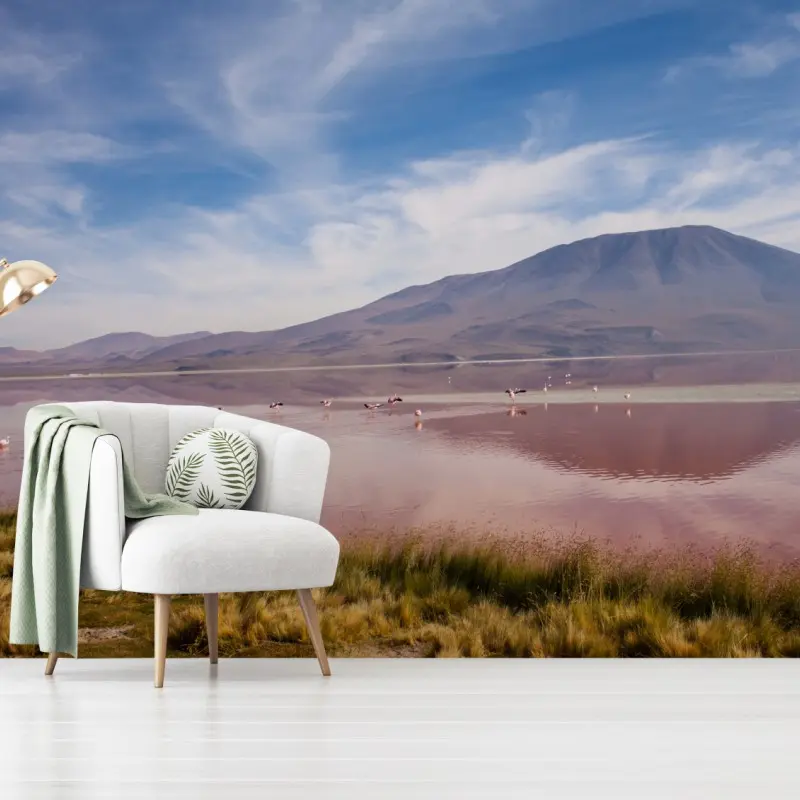 Fototapete rosa lagune mit flamingos und bergspiegelung