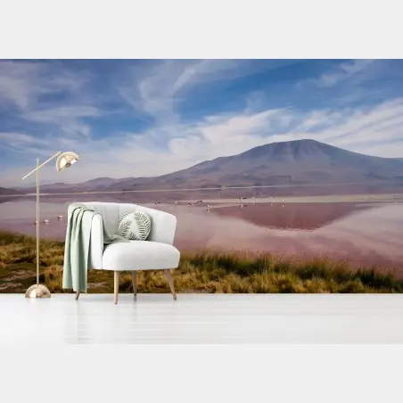 Fototapete rosa lagune mit flamingos und bergspiegelung – Pixers®