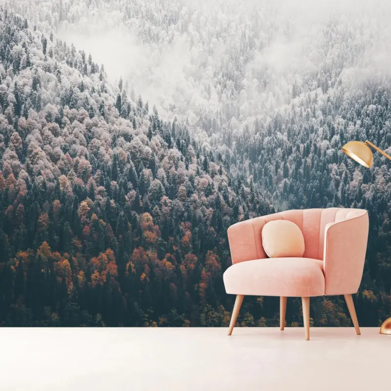 Fototapete nebliger herbstwald am schneebedeckten berg