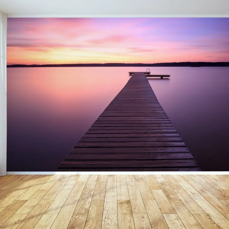 Fototapete ruhiger pastellsonnenuntergang am see mit steg