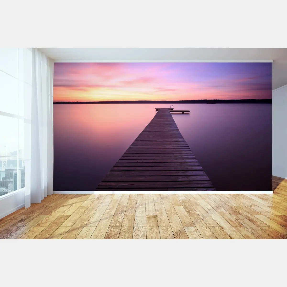 Fototapete ruhiger pastellsonnenuntergang am see mit steg – Pixers®
