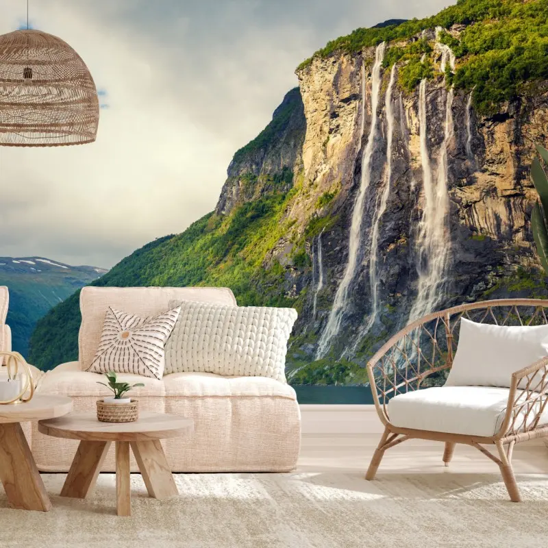 Fototapete wasserfälle an fjordklippen