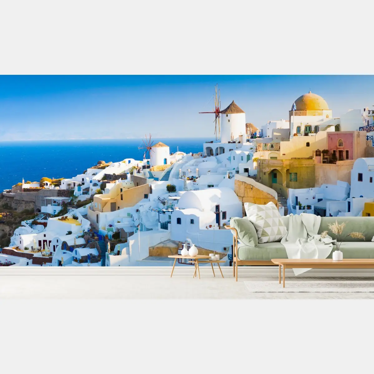 Fototapete sonnenbeschienenes Santorini-dorf am meer – Pixers®