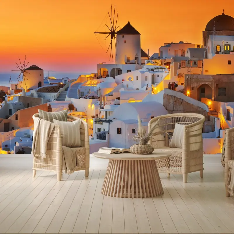 Fototapete goldener sonnenuntergang über Oia, Santorini