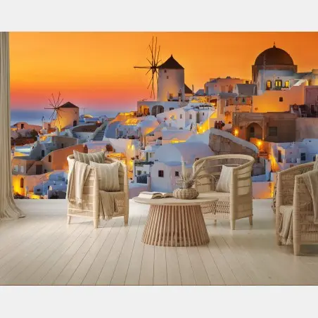 Fototapete goldener sonnenuntergang über Oia, Santorini – Pixers®