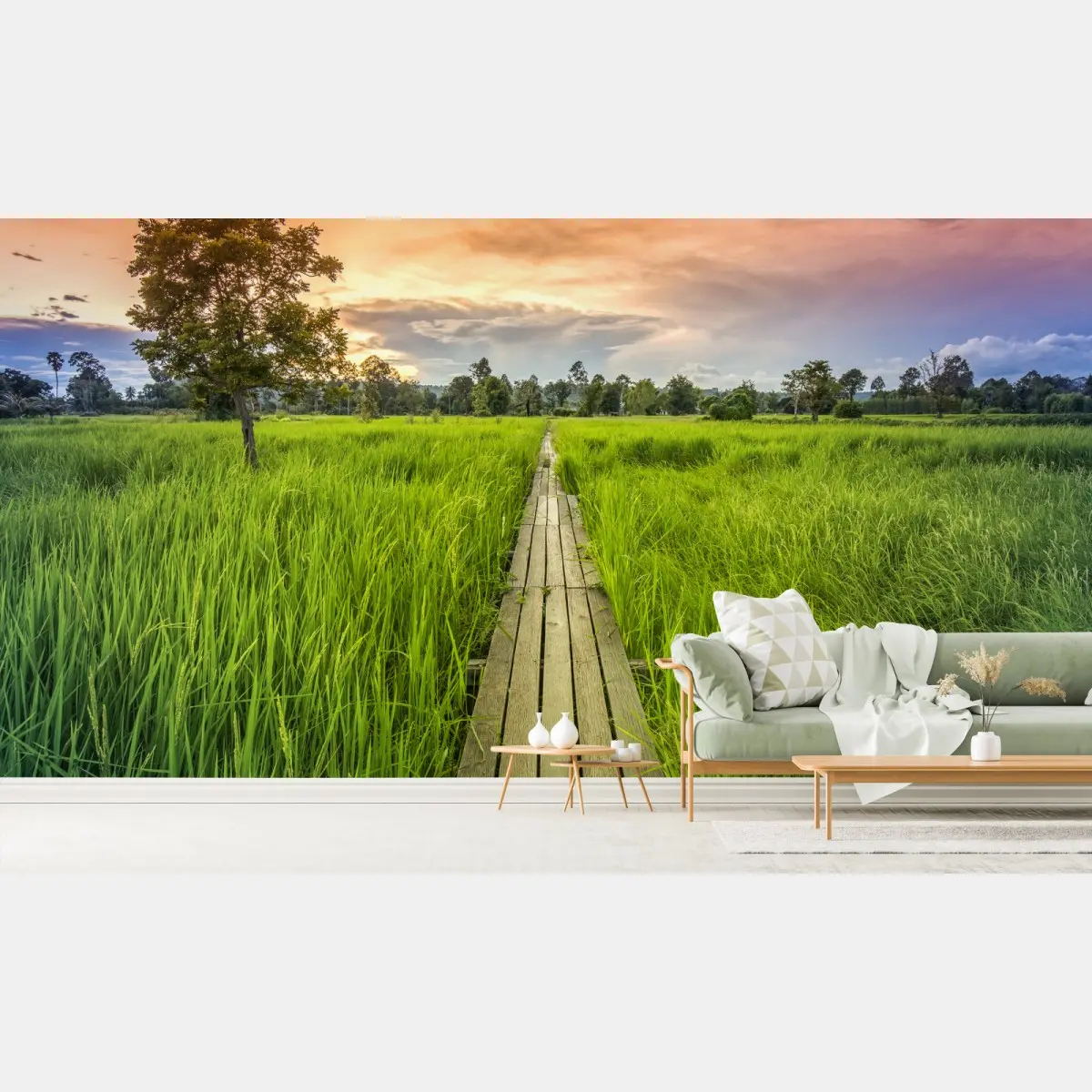 Fototapete sonnenuntergang über einer hölzernen brücke in Khonburi – Pixers®