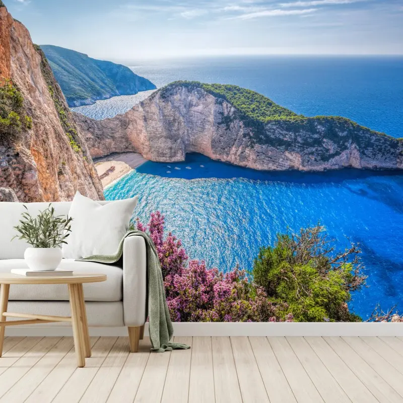 Fototapete Navagio strand sonnenuntergang mit türkisblauem meer und wildblumen