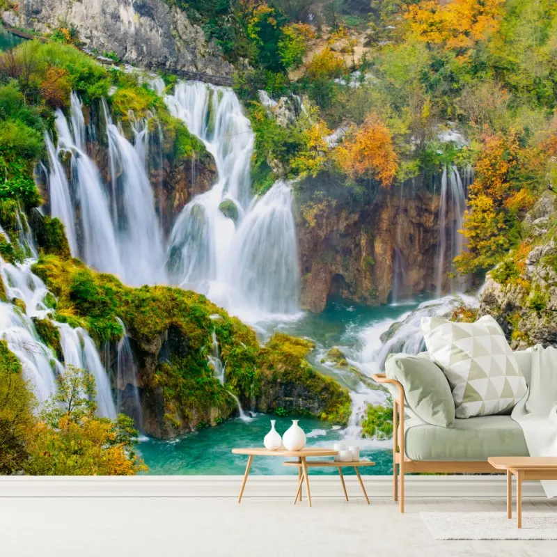 Fototapete türkisfarbener wasserfall im herbst