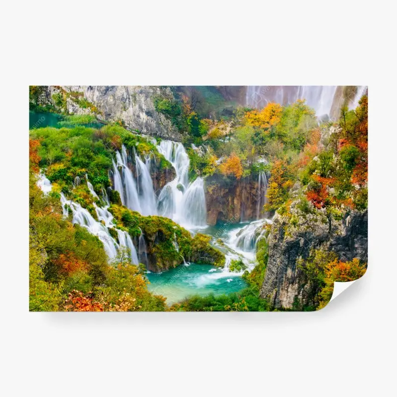 Fototapete türkisfarbener wasserfall im herbst