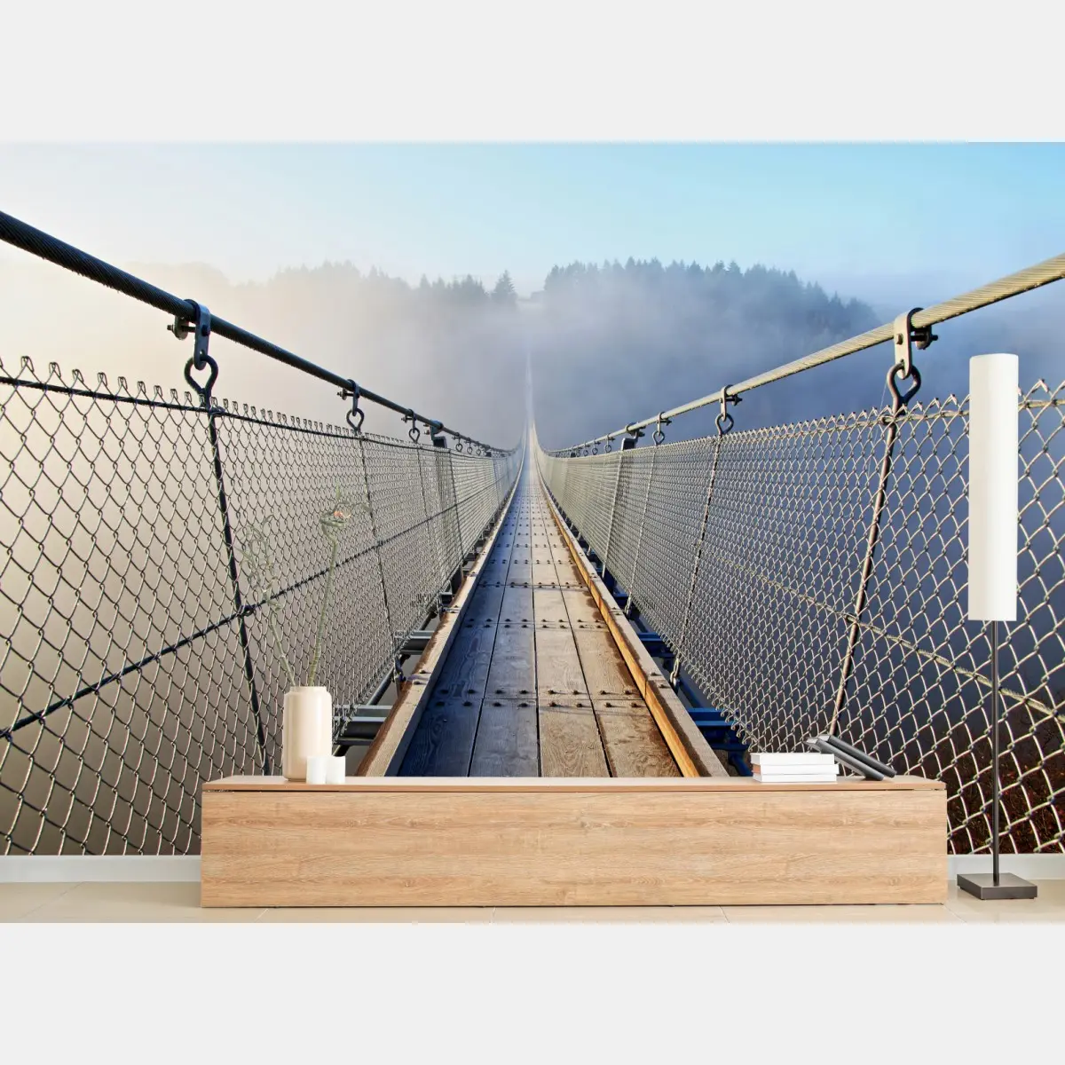 Fototapete neblige hängebrücke, die in den wald führt – Pixers®