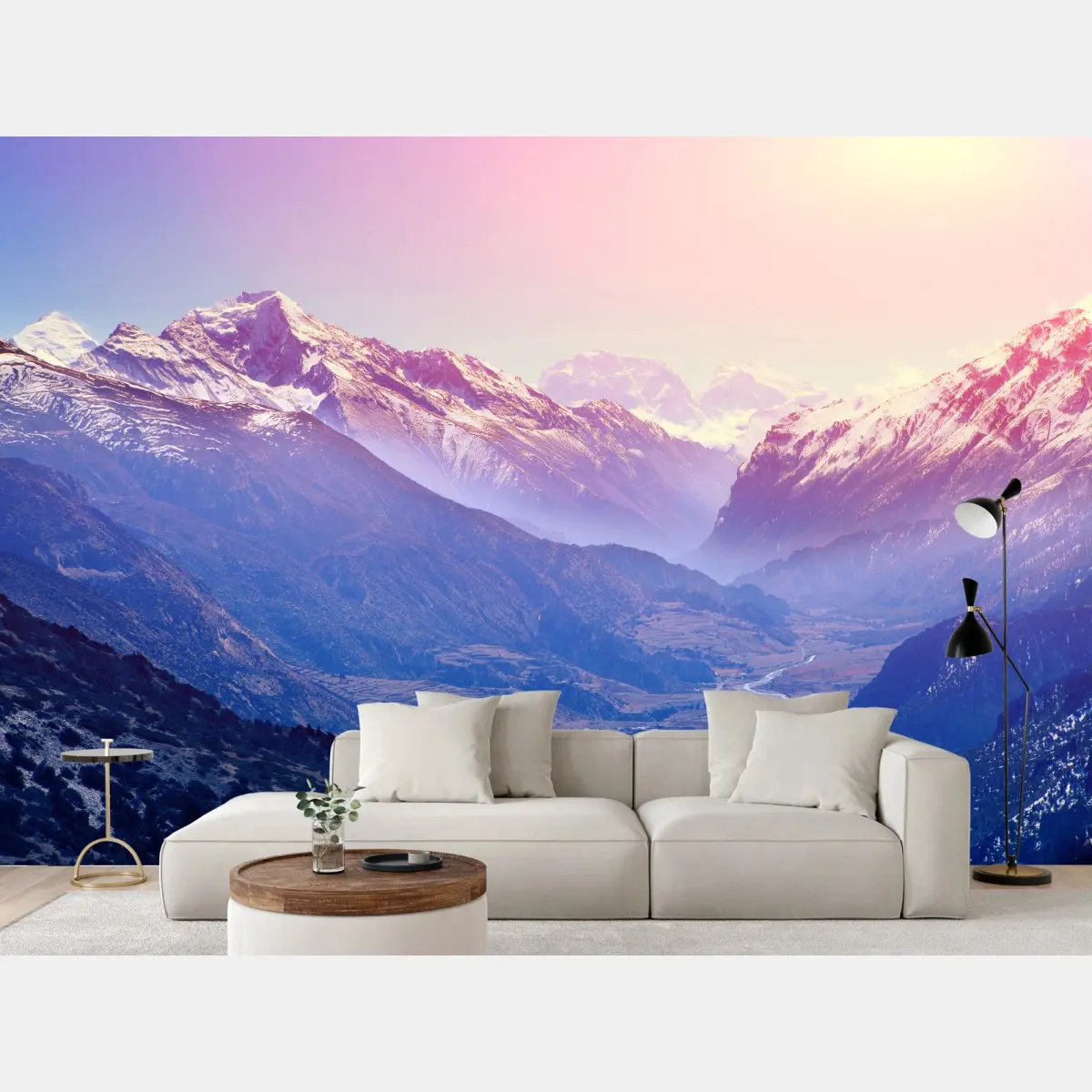 Fototapete pastelliges bergtal bei sonnenaufgang – Pixers®