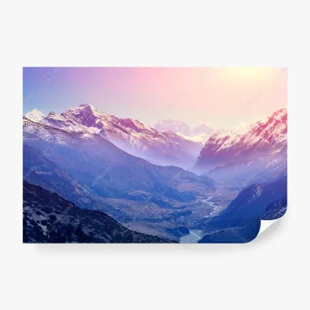 Fototapete pastelliges bergtal bei sonnenaufgang – Pixers®