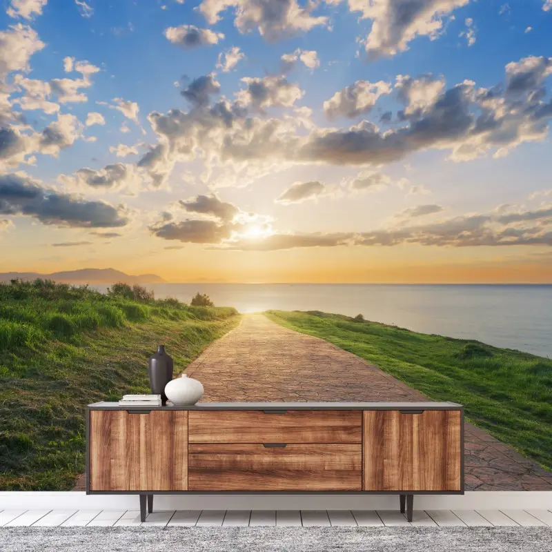 Fototapete weg zum meer bei sonnenaufgang