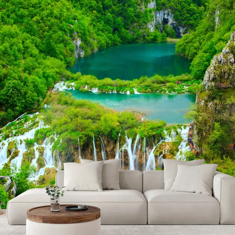 Fototapete üppiger wasserfall und türkise seen