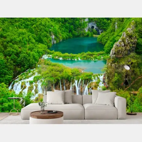 Fototapete üppiger wasserfall und türkise seen – Pixers®