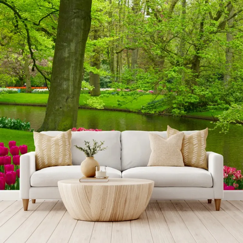 Fototapete frühlings-tulpengarten am kanal