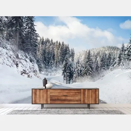 Fototapete winterstraße durch verschneiten nadelwald – Pixers®