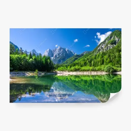 Fototapete alpiner see mit spiegelung in grünen bergen – Pixers®