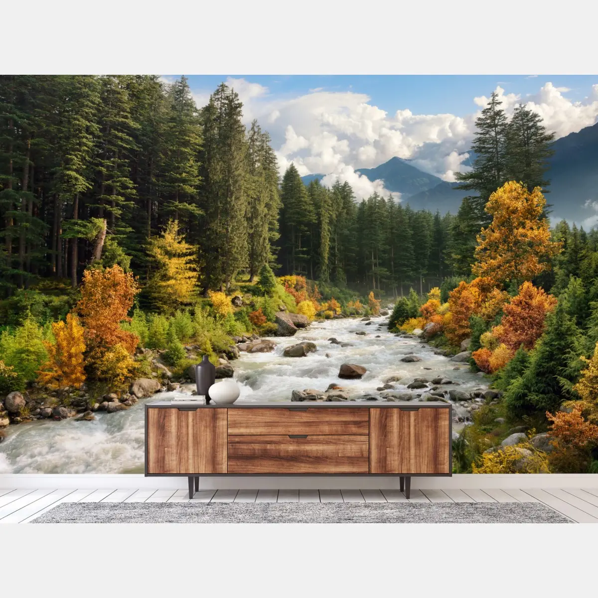 Fototapete herbstliche berglandschaft mit fluss – Pixers®