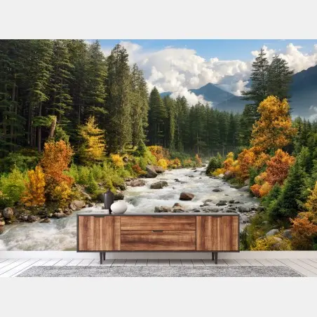 Fototapete herbstliche berglandschaft mit fluss – Pixers®