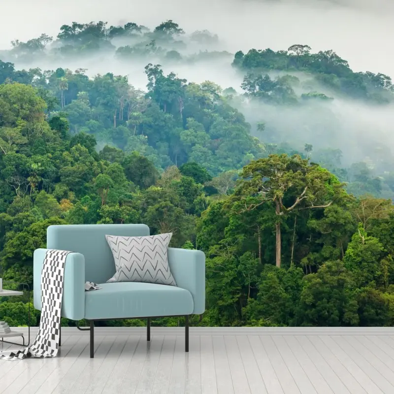 Fototapete morgendlicher nebel über dem wald von Kaeng Krachan