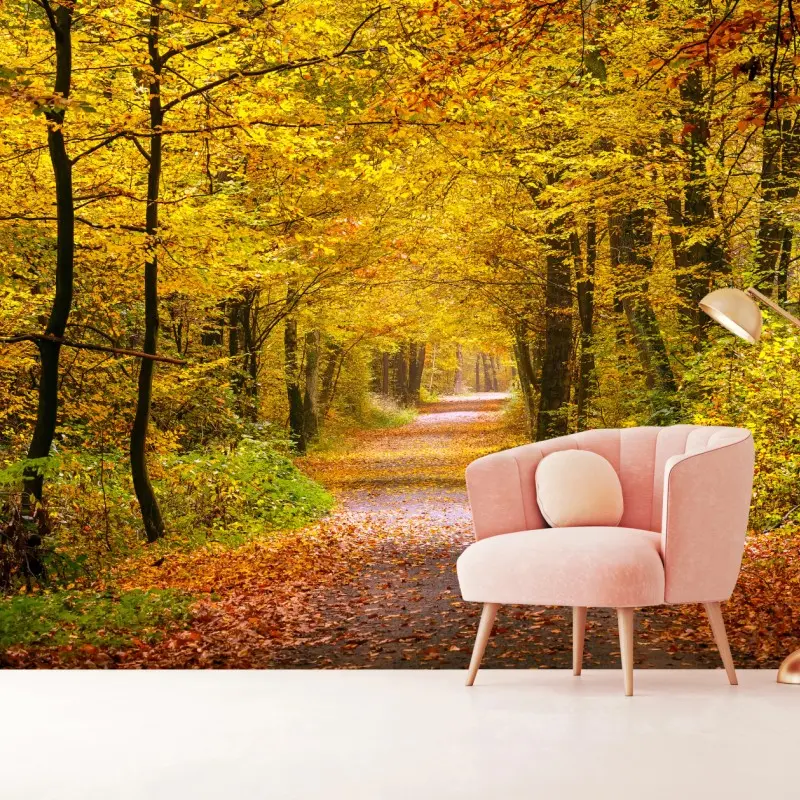 Fototapete goldener herbstwaldweg