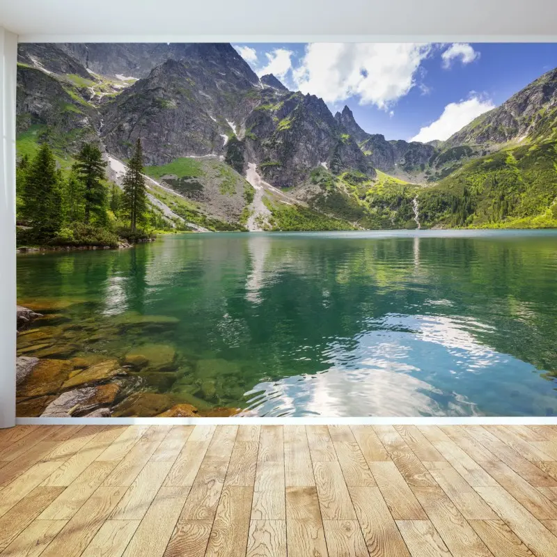 Fototapete ruhiger smaragdgrüner bergsee vor schroffen gipfeln